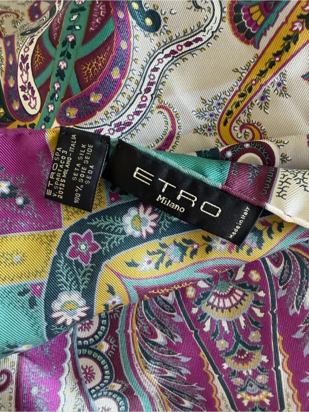 Etro Milano Printed Teal, Purple, Yellow Paisley 100% Silk Made in Italy